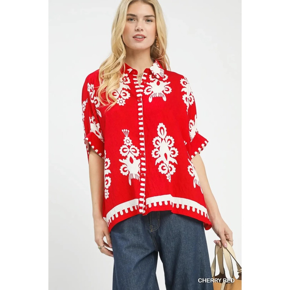 Umgee Abstract Print Button Down Short Sleeve Shirt - Cherry Red - Medium